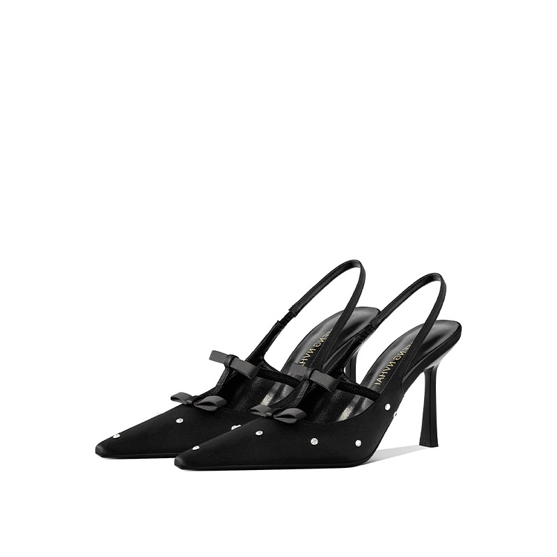 В наличии: Стильные туфли-лодочки на шпильке с бантом из страз, сексуальные черные, с маленьким квадратным носком, потрясающие, с открытой пяткой