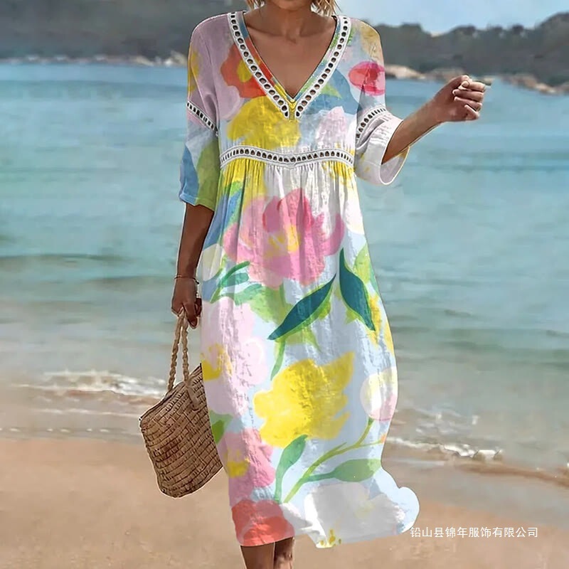 26 New Amazon V-neck Lace Patchwork Dress 3D Print Casual Beach Vacation Long Dress Women's Long Dress 26 New Amazon V-neck Lace Patchwork Dress 3D Print Casual Beach Vacation Long Dress Women's Long Dress