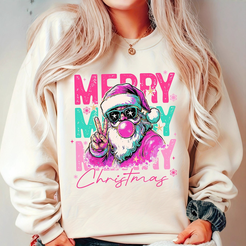 Spring and Autumn Santa Claus Pattern Printed Women's Casual Round Neck Drop Shoulder Sweatshirt Slimming Fashionable Pullover Spring and Autumn Santa Claus Pattern Printed Women's Casual Round Neck Drop Shoulder Sweatshirt Slimming Fashionable Pullover