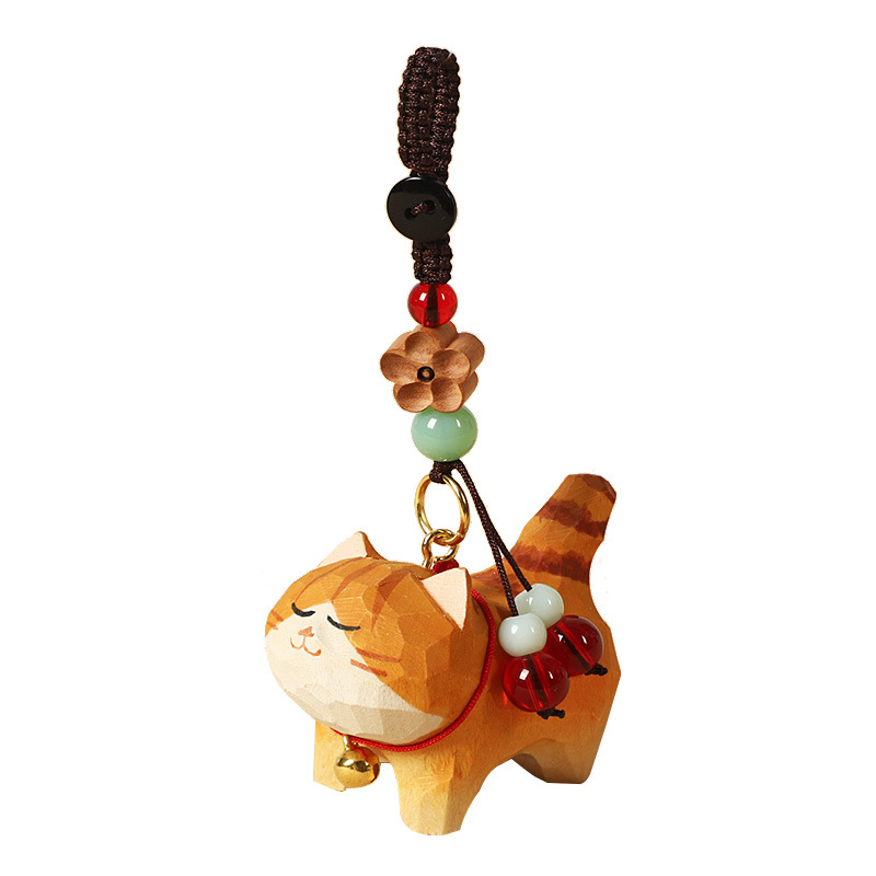 手作り木彫り太ったオレンジ猫車のキーホルダーペンダントかわいい牛猫スクールバッグペンダント女性の親友へのギフトとして