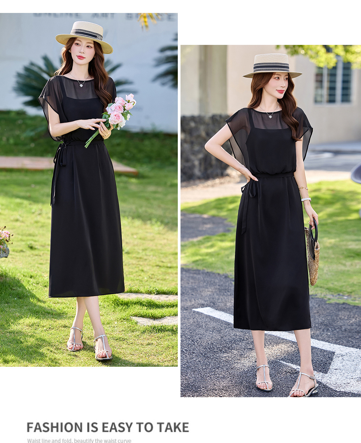 Đầm chữ A eo thắt dây tay ngắn cổ điển dáng midi — màu đen, Điểm sóng chi tiết 14