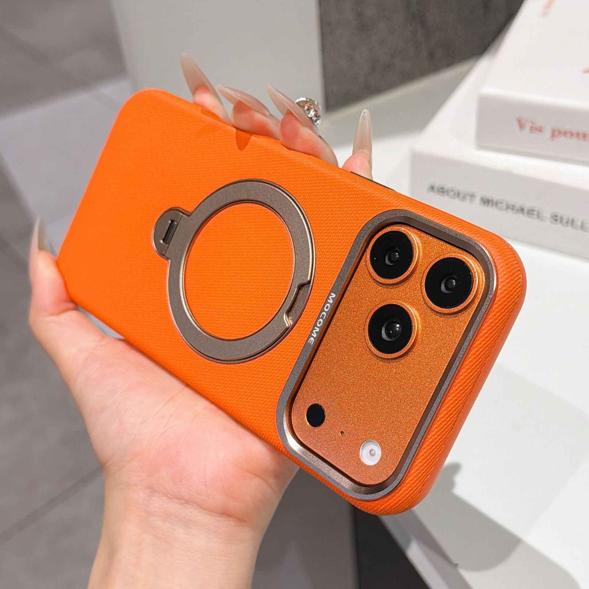 Ốp lưng da iPhone 16/17 Pro Max có vòng xoay 360 độ, nam châm hút, chống sốc viền dày — Đen, Nâu, Tím, Xanh dương chi tiết 23