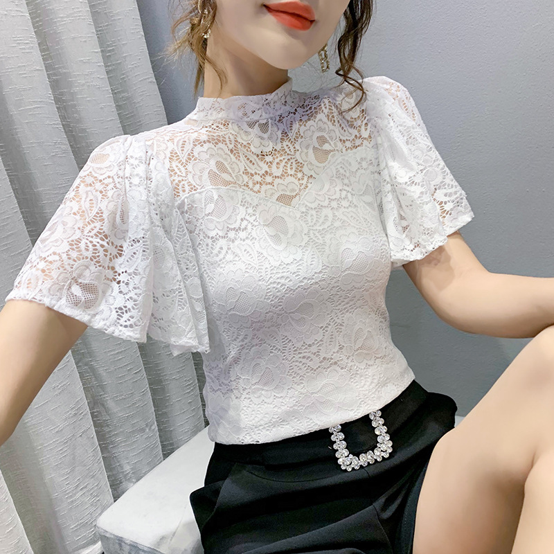 2022 summer new pullover lace hollow bell sleeve button T-shirt women's fashion slim-fit short sleeve top Real shot 2022 summer new pullover lace hollow bell sleeve button T-shirt women's fashion slim-fit short sleeve top Real shot