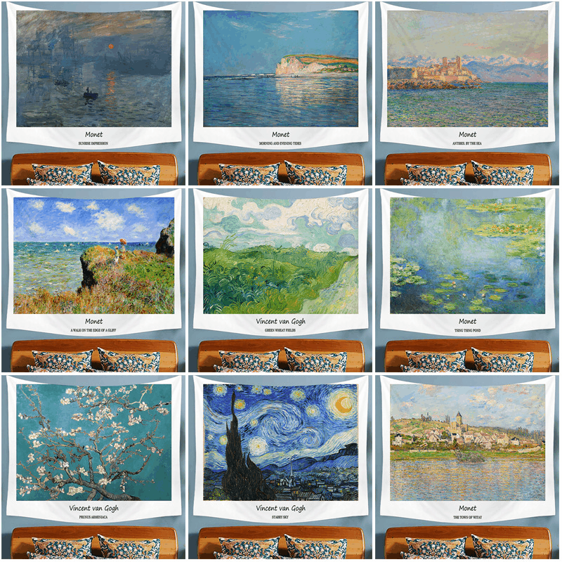 Monet oliemaleri, åkande hængende klud, ins baggrund klud, sovesal sengekant dekoration, gobelin, væg klud,_voghion.com