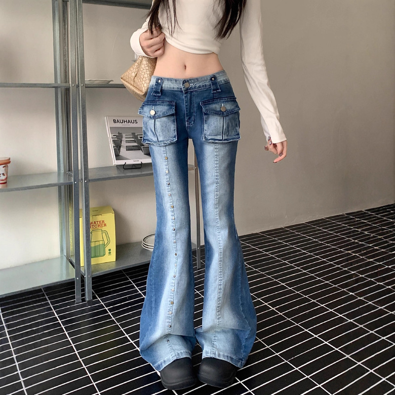 American Retro Spicy Girl Design Adjustable Cuff Waist Top Women's Workwear Millennium Gradient Distressed Flared Pants