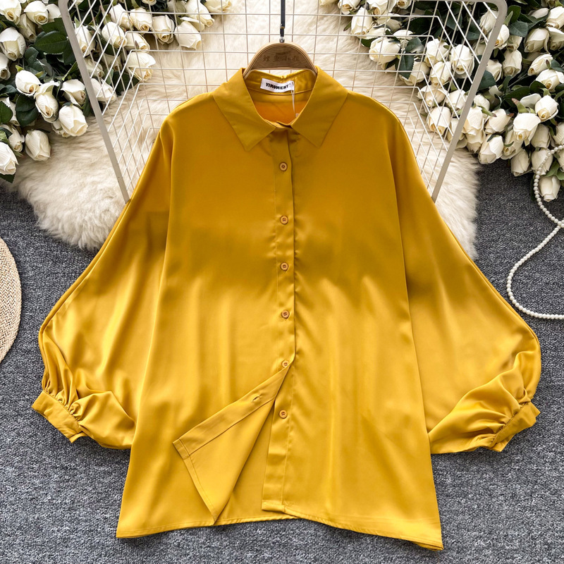French Style Shirt Women's 2025 Spring Lazy Style All-match Solid Color Satin Shirt Women's Loose Slimming Puff Sleeve Top