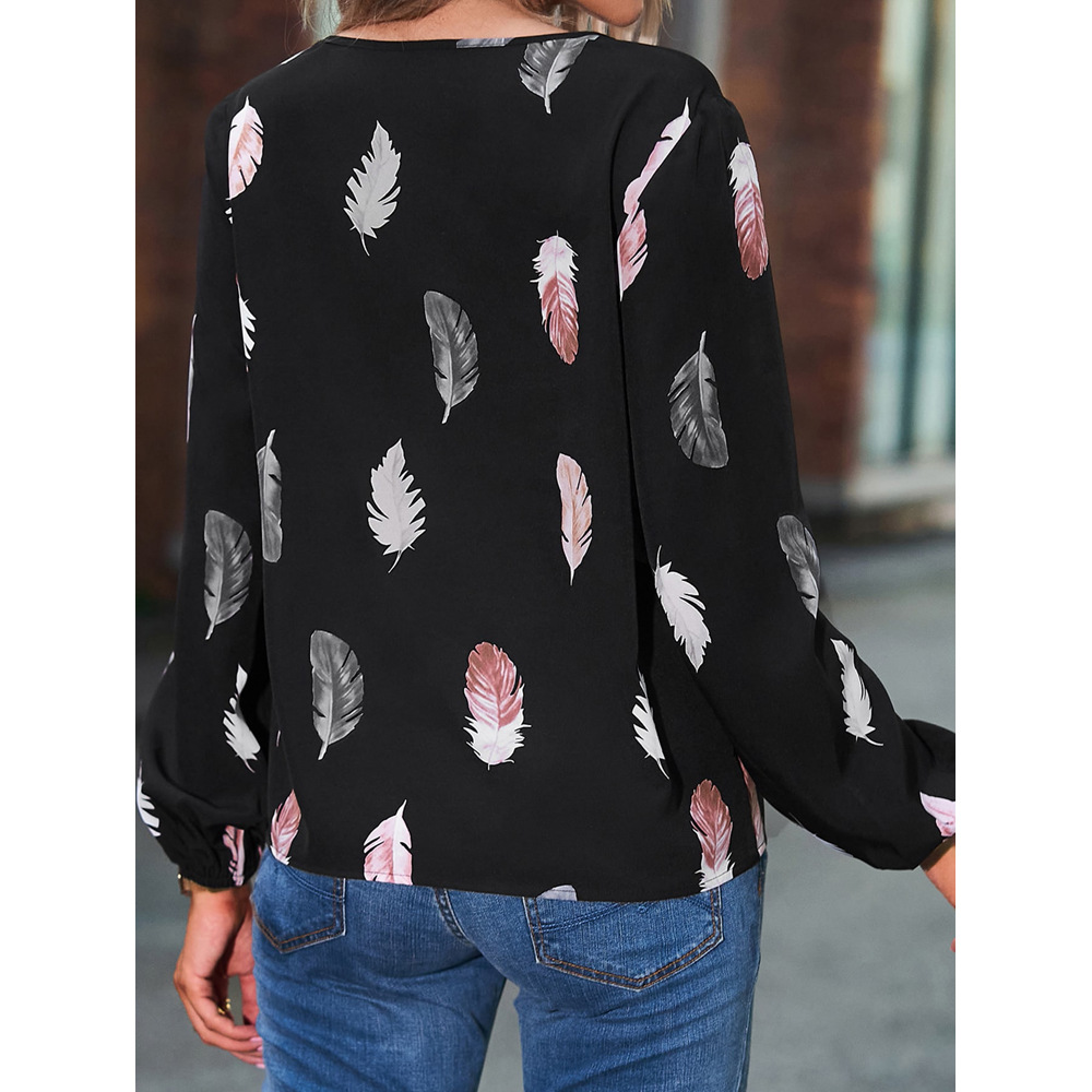 Elegant Feather V Neck Long Sleeve Regular Sleeve Printing Blouse