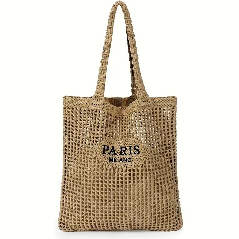 Hand-Woven Beach Net Bag, Cross-Border Amazon Beach Bag, Hand-Held Shoulder Bag, Hollow-Out Trendy Woven Letter Design
