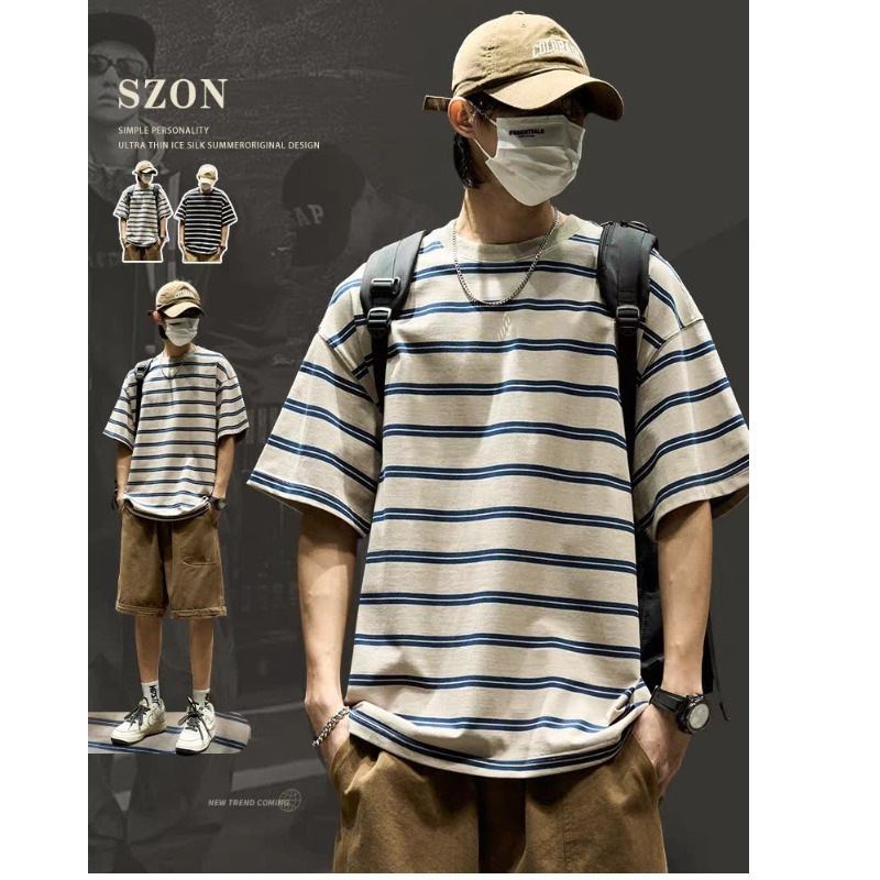 줄무늬 티셔츠 남자 2025 새로운 도착 바다 소울 셔츠 유행 무거운 반팔 여름 미국 스타일 패션 브랜드 반소매 티셔츠