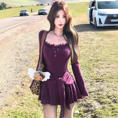 早秋法式辣妹纯欲风拼接蕾丝长袖连衣裙子女秋季2025年新款初秋装