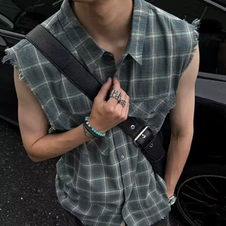 2026美式复古毛边格纹袖格子衬衫男夏季宽松做旧坎肩上衣男式衬衫