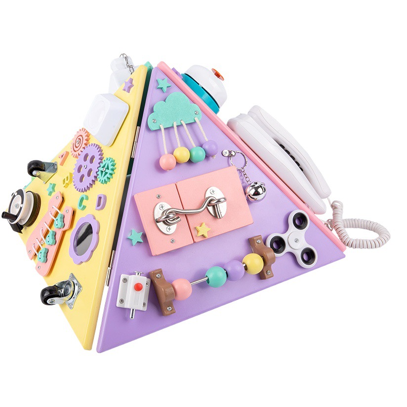 Iluminación de la vida del bebé Educación temprana Montessori Casa ocupada Pirámide multifuncional para niños Tablero ocupado de cuatro lados Juguetes educativos