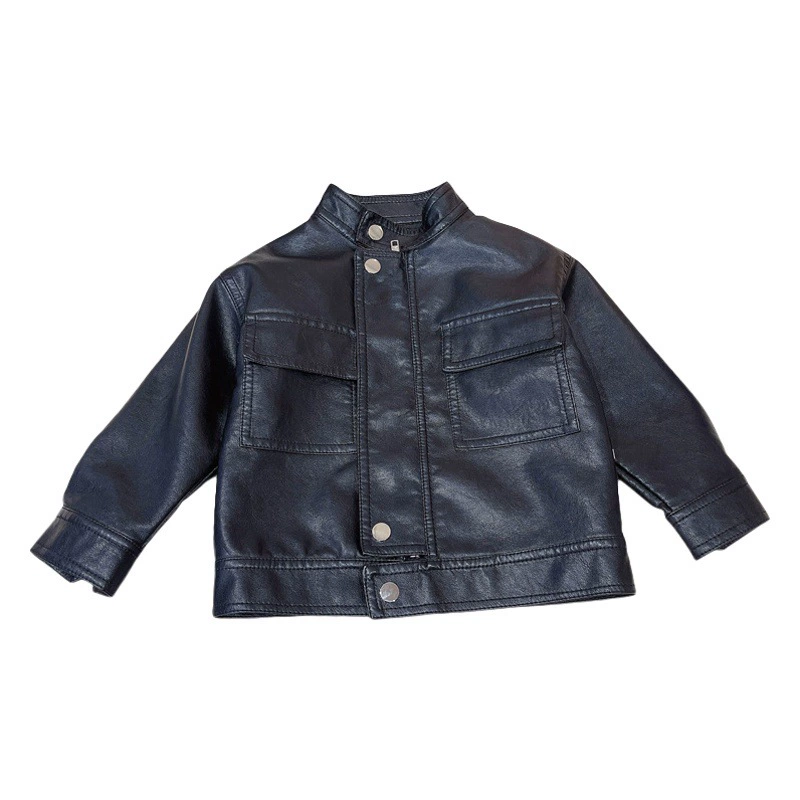 Детская кожаная куртка с воротником-стойкой 2024 года, весна и осень, новая мотоциклетная кожаная куртка из искусственной кожи для мальчиков и девочек в Корейском стиле, детское универсальная модная куртка