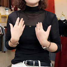 新中式长袖网纱打底衫春秋新款半高领大码洋气减龄上衣妈妈装