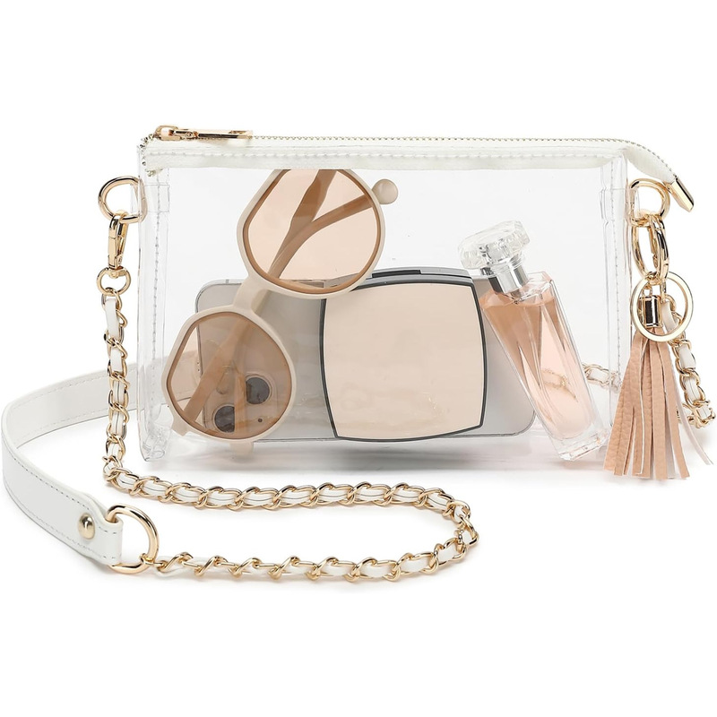 Crossbody Bag for Women, Transparent Small Square Bag, Suitable for Stadium Events, Music Events, Can Be Brought to Parties, with Chain Tassel and Hanging Chain Crossbody Bag for Women, Transparent Small Square Bag, Suitable for Stadium Events, Music Events, Can Be Brought to Parties, with Chain Tassel and Hanging Chain