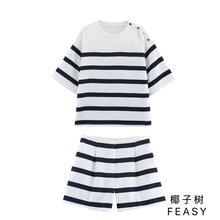 亚马逊跨境外贸欧美女装2025早春新款时尚休闲简约条纹短袖运动装