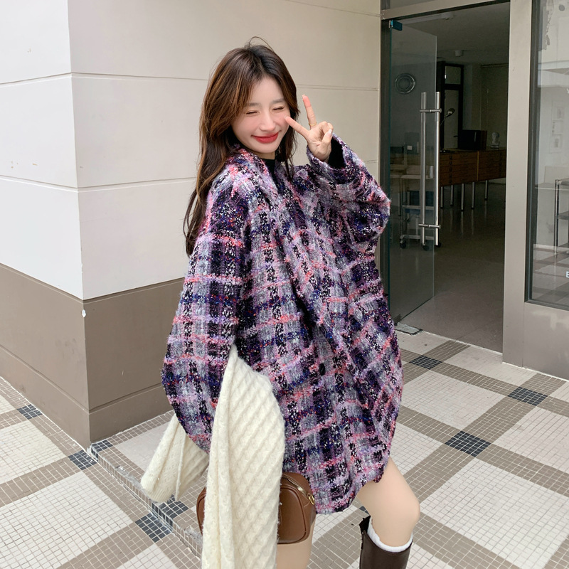 Purple Plaid Quilted Woolen Coat for Women 2025 Winter New Fashion Unique Super Nice Tweed Coat