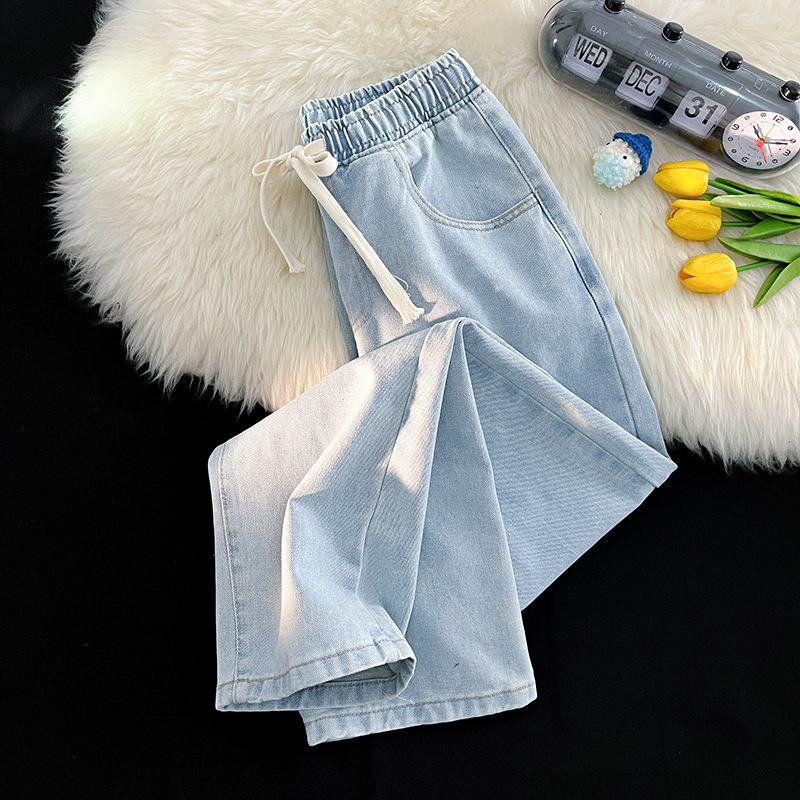 Light colored jeans for men with elastic waistband, summer thin design, light blue, student style, drawstring straight_voghion.com