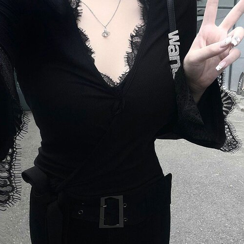 Royal sister design pure desire long-sleeved t-shirt, hot girl lace top, women's tea art, V-neck, sexy, chic, slim, autumn style, low