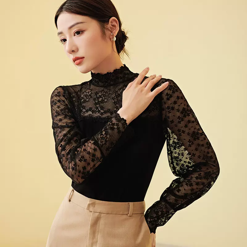 2024春季新款半高领蕾丝拼接精柔棉打底衫长袖舒适显瘦内搭女t恤