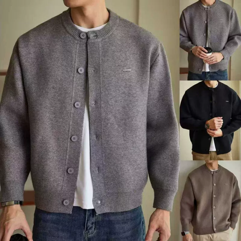 日系男士复古圆领羊毛开衫2025秋冬季宽松休闲针织衫高级感毛衣外