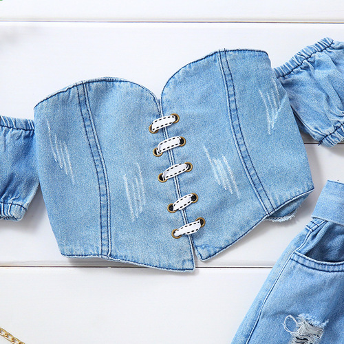 Alibaba.com Hot Selling Foreign Trade Children's Apparel: Strapless Short Sleeve Tied String Bustier Top + Denim Frayed Pants + Belt