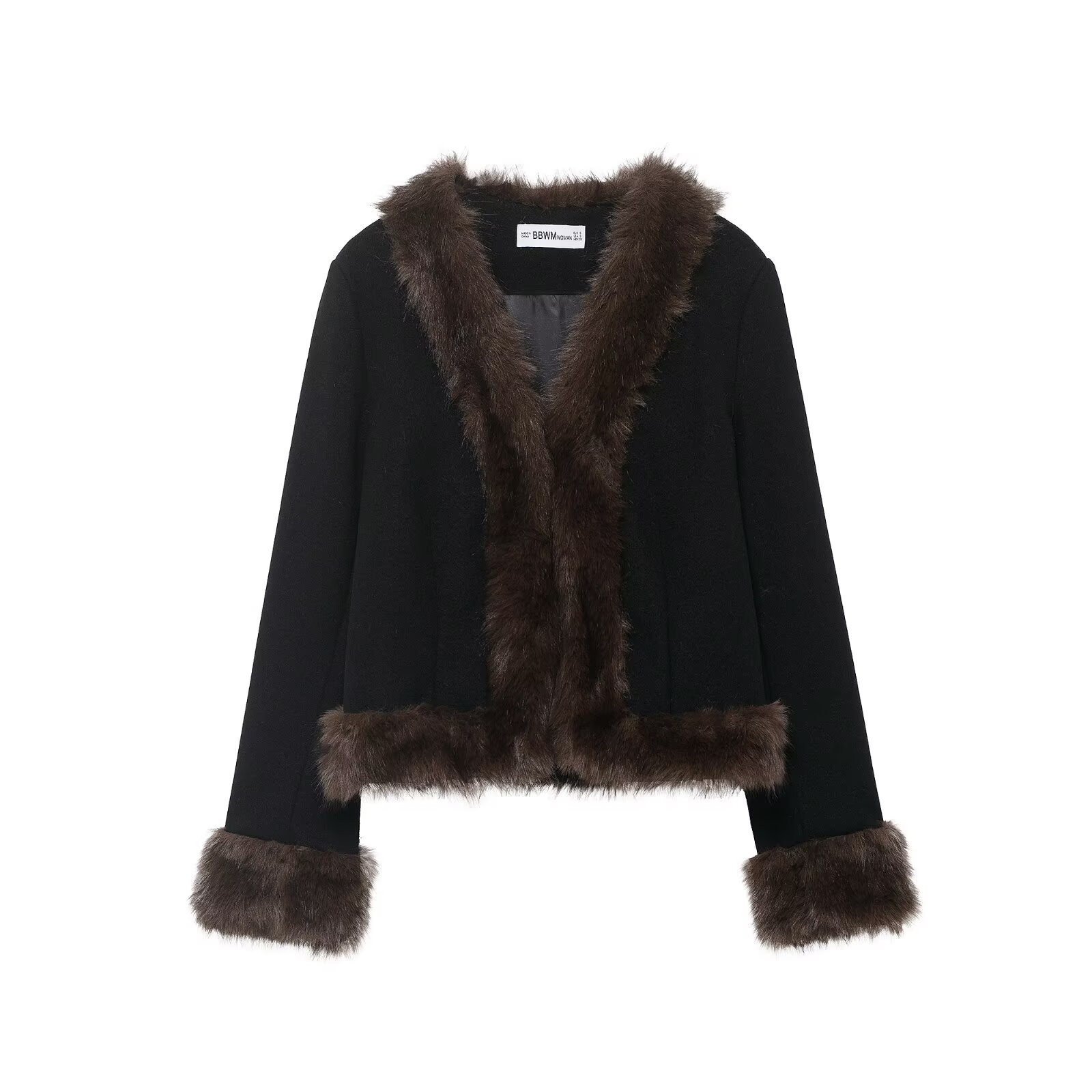 Qadın qısa xəzli jaket, xəz yaxalıq və kəmərli