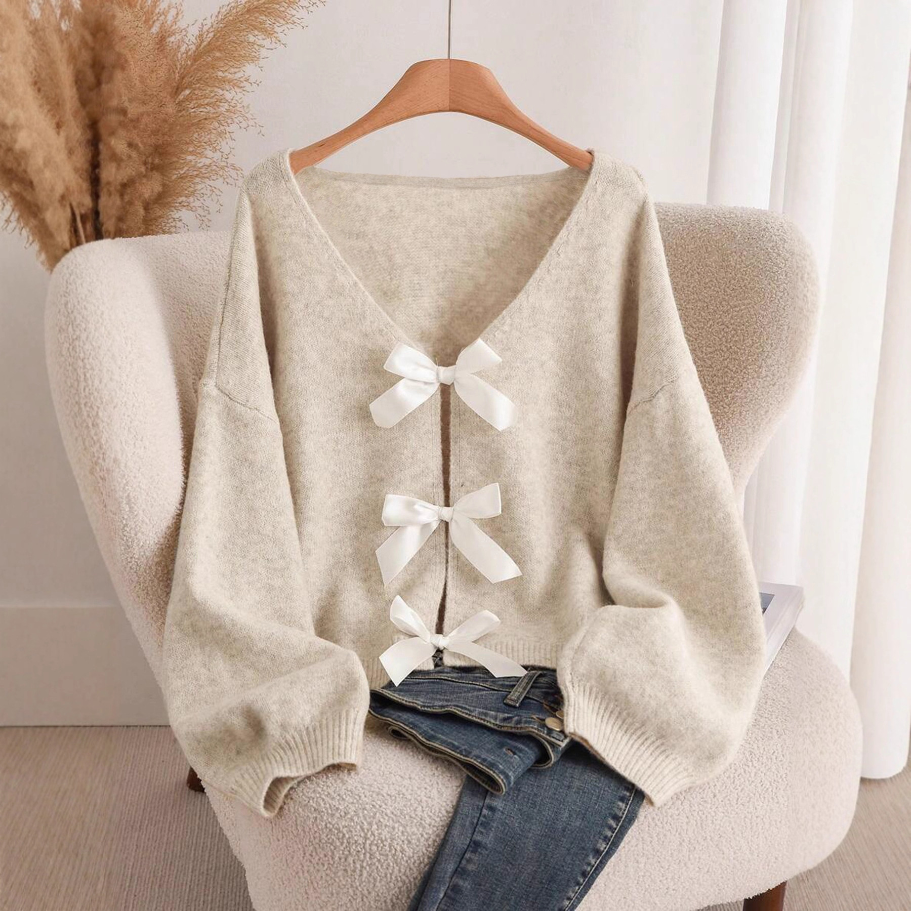 Designed Bow Knitted Cardigan Autumn and Winter New Loose and Versatile Lazy Style Knitted Sweater