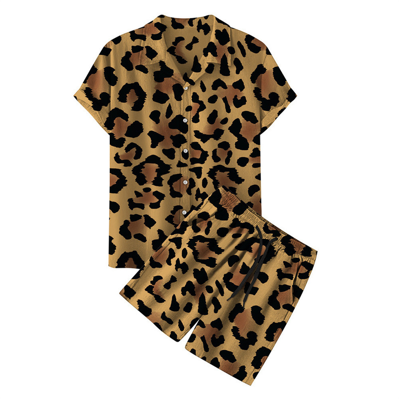 Men's European and American Style Hawaiian Beach Shirt Set 3D Leopard Print Stylish Printed Shorts Short-Sleeved Shirt Set