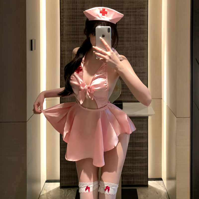 Tao Tao Na's Sexy Lingerie, Pure Desire Style, Bare Back, Silky Texture, Sweet Nurse Revealing Sleeveless Uniform, Pleated Short Skirt