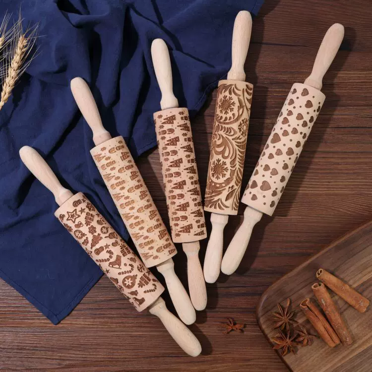 印花擀面杖曲奇饼干糕点榉木木质擀面杖滚轴烘焙厨房用具压花雕刻