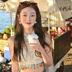 純欲鏤空蕾絲設計感吊帶小背心女2023新款度假風流蘇性感露臍上衣