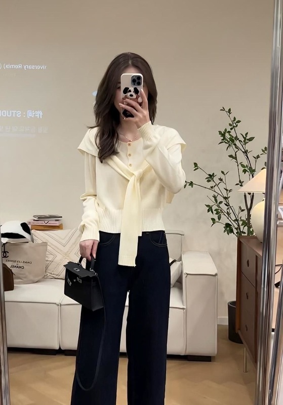 秋季女装新款日韩时尚休闲慵懒风披肩圆领长袖针织开衫毛衣两件套|undefined