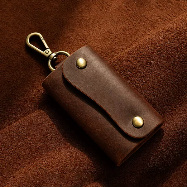 Men's Retro Handmade Genuine Leather Key Case, Crazy Horse Top-Grain Leather Buckle Key Pouch, Large Capacity, Multifunctional, Wholesale