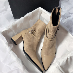 Exquisite and Expensive Thick Heel Pointed Stitching Stretch Thin Boots plus size Short Heel Women's Boots