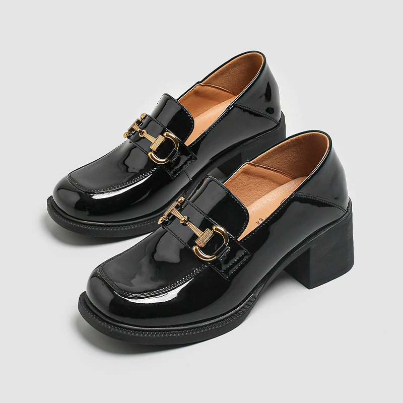Заказ ~ ~ мокасины на высоком каблуке с металлической пряжкой женские туфли на толстом каблуке в британском стиле ретро лакированные черные JK маленькие кожаные