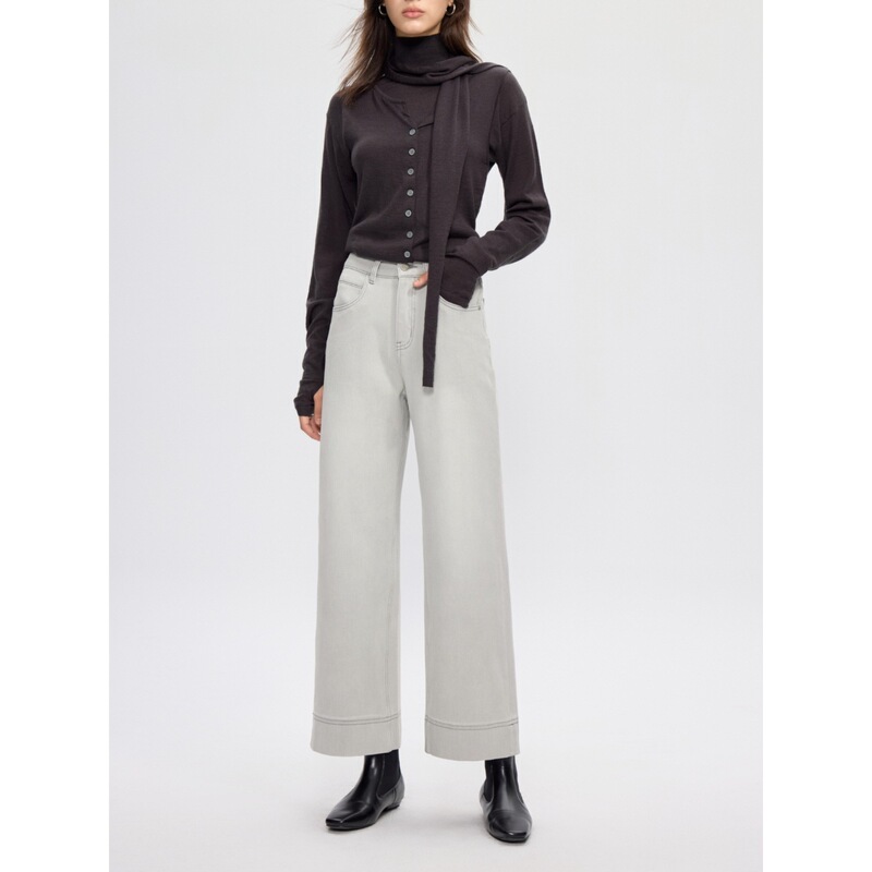 【High Quality】Four-Way Stretch Silver-Gray Cropped Straight-Leg Pants for Women, High-Waisted, Slimming, Loose, Wide-Leg Jeans