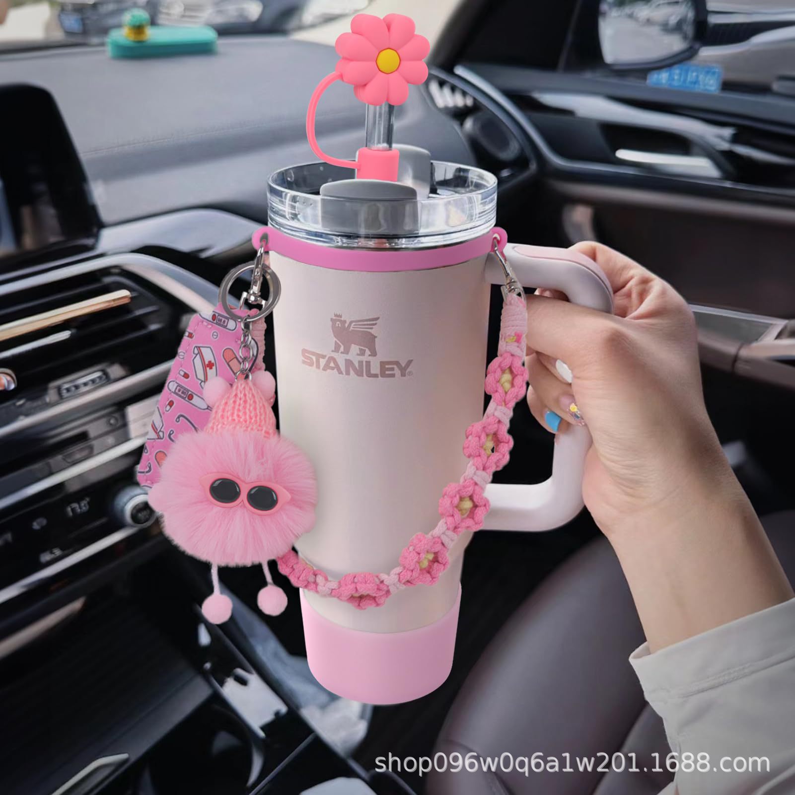 Juego de 6 piezas stanley taza colgante margarita correa de mano cuerda de labios juego de briquetas bola de pelo de elfo juego de taza de brillo
