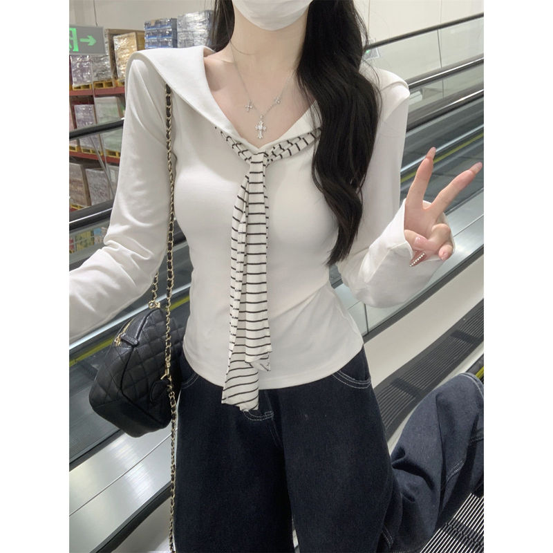 学院风撞色条纹披肩打底衫女秋季海军领假两件长袖减龄修身短上衣|undefined