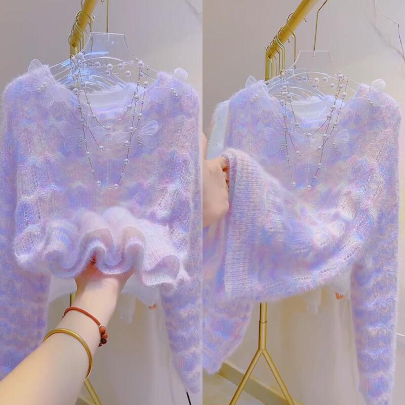 Gradient Color Super Fairy Sweet Knitted Top for Women Early Spring and Autumn New Heavy Beaded Butterfly Lazy Sweater