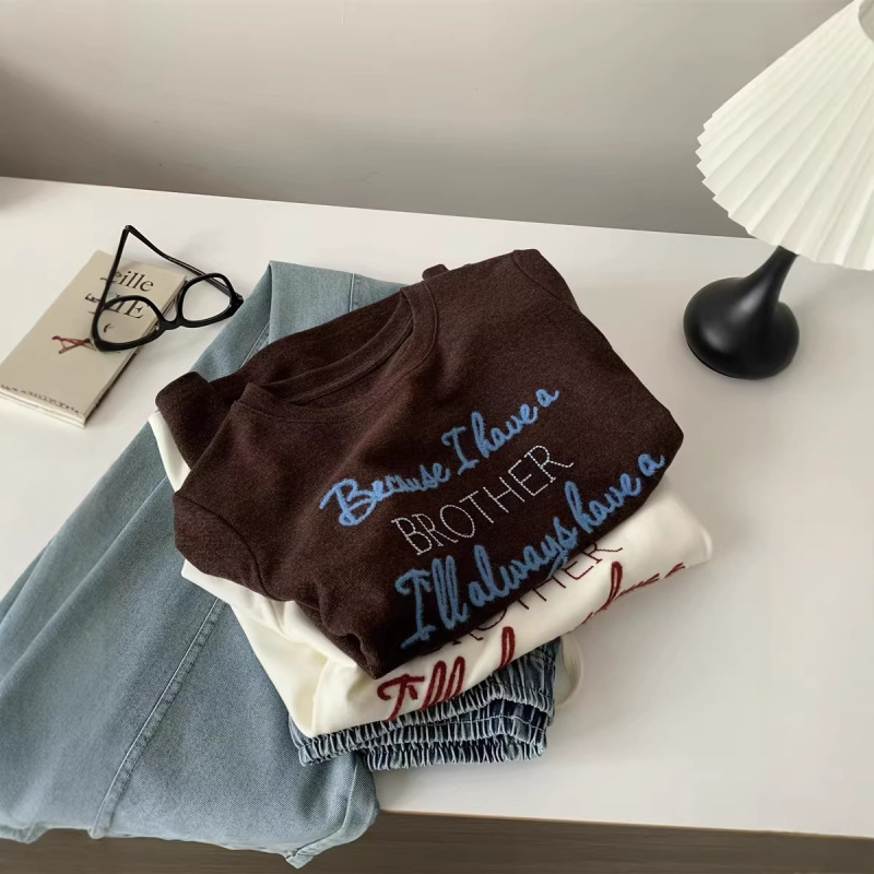 Cross-Border 21-Count Pure Cotton Plus Size 120kg Vintage Coffee Color Letter Embroidery Round Neck Short-Sleeve T-Shirt Women's Loose Fit