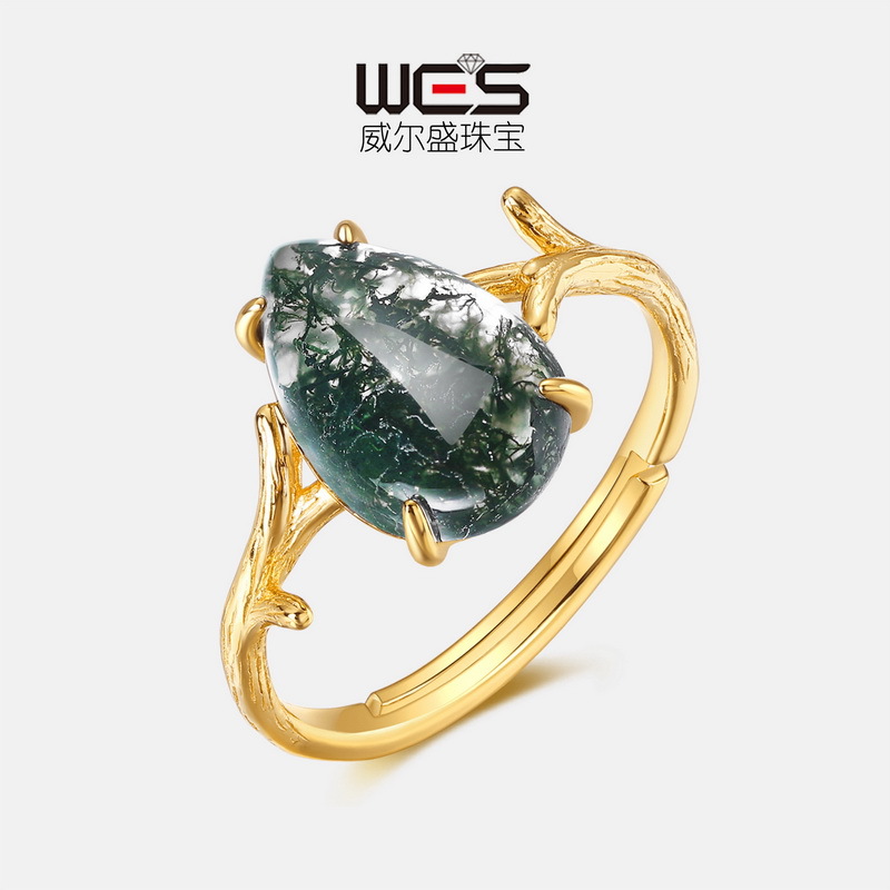 Atmósfera transfronteriza europea y americana Anillo cepillado de ágata de hierba de agua simple Mujer S925 Anillo de dedo alimentador de ágata de hierba de agua con incrustaciones de plata Lujo ligero
