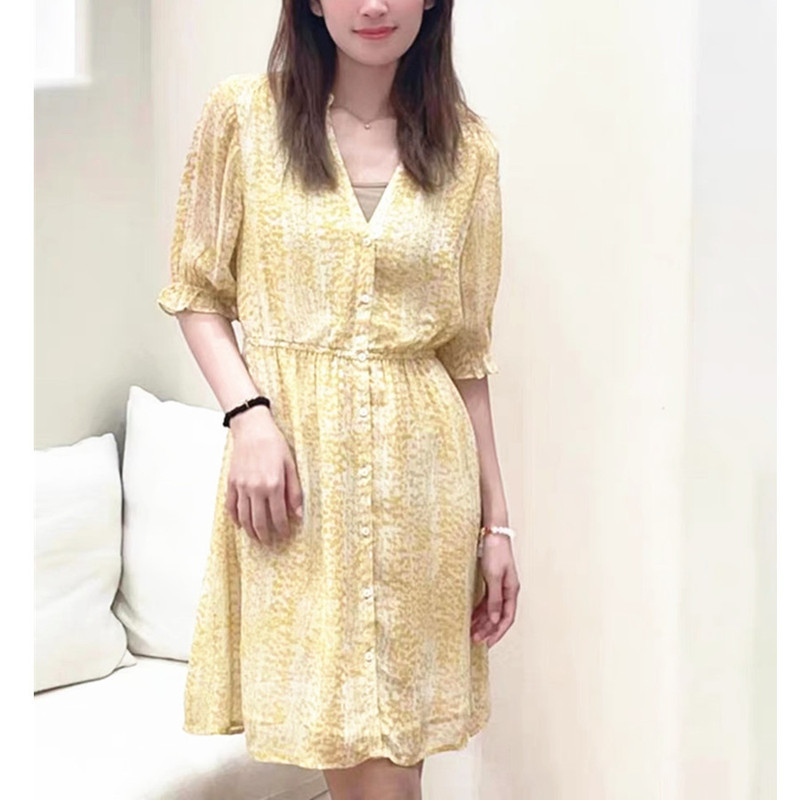 24 Summer New BS Home French Fresh Lemon Yellow White Floral Ruffled Printed V Collar Waisted dress