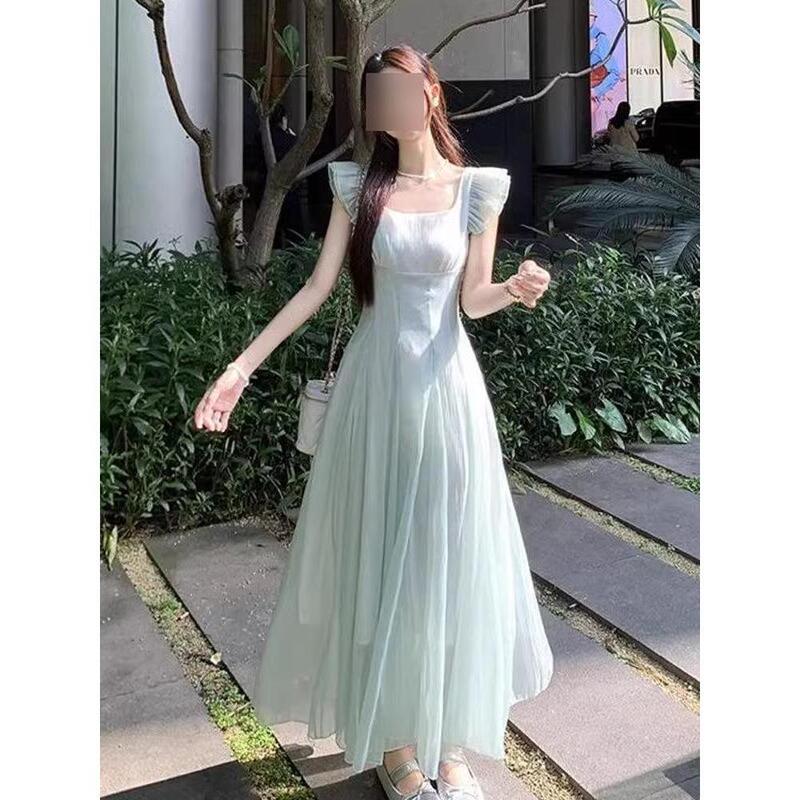French Style Fresh Vacation Small Flying Sleeve dress Women's Spring New Casual Waist Slimming Draped Gentle Style Long Dress
