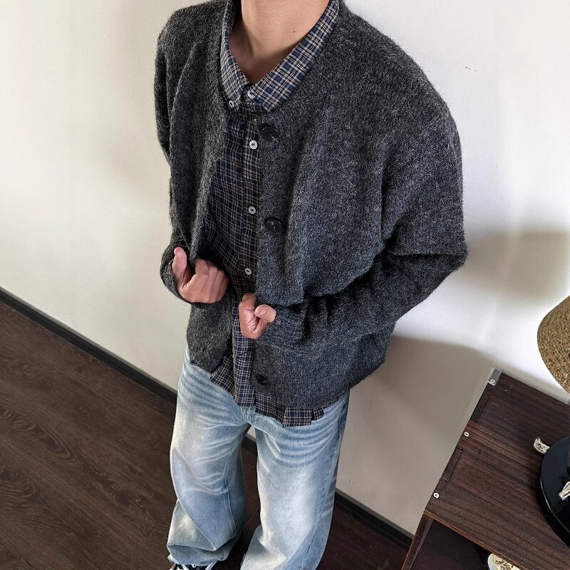 American Retro Cardigan Knitwear Men's Autumn and Winter Style Lazy Style High-End Round Neck Knitwear Cleanfit Jacket