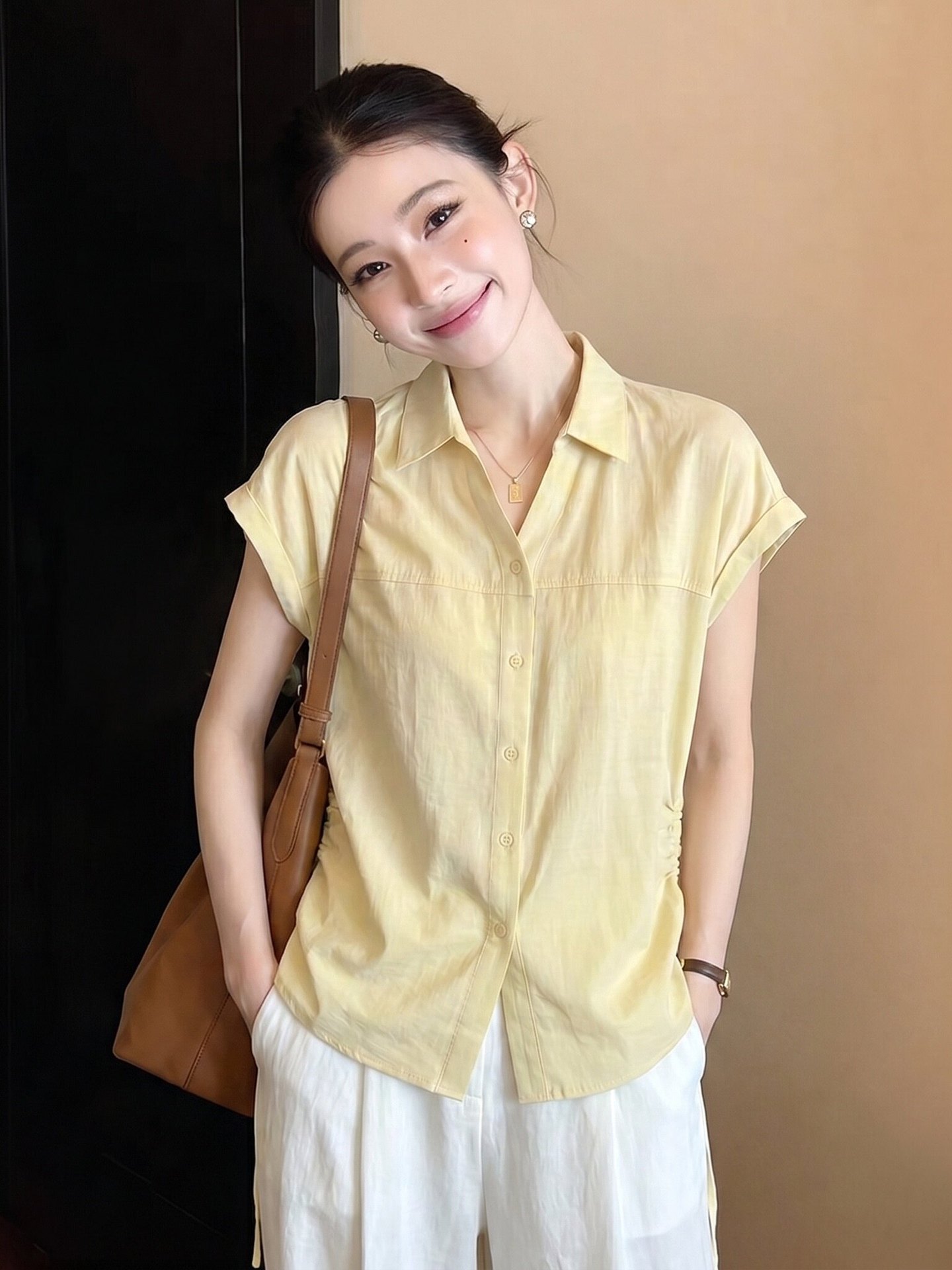 Áo sơ mi ngắn tay nữ màu vàng thiết kế độc đáo, eo thon, dành cho người đầy đặn — xanh lam