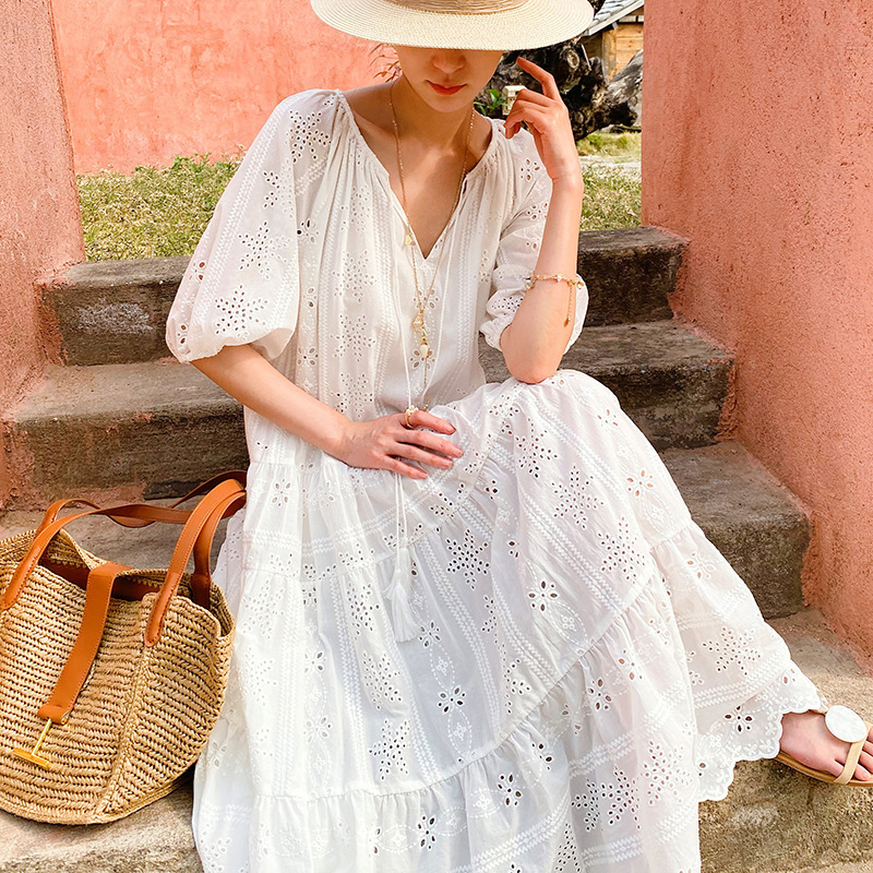 Spring and Summer New White Dress for Women, Short-Sleeved Southern French Vacation Dress, Hollow-Out Beach Dress, Long Dress, Cross-Border Women's Clothing Spring and Summer New White Dress for Women, Short-Sleeved Southern French Vacation Dress, Hollow-Out Beach Dress, Long Dress, Cross-Border Women's Clothing