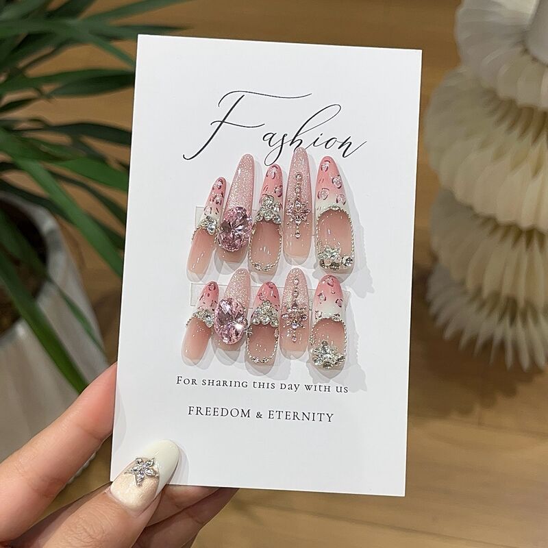 A Gu [Peach Frappuccino] Pure Desire Style Hand-Painted Pink Leopard Print French High-End Star Zircon Diamond Light Luxury Wearable Nail