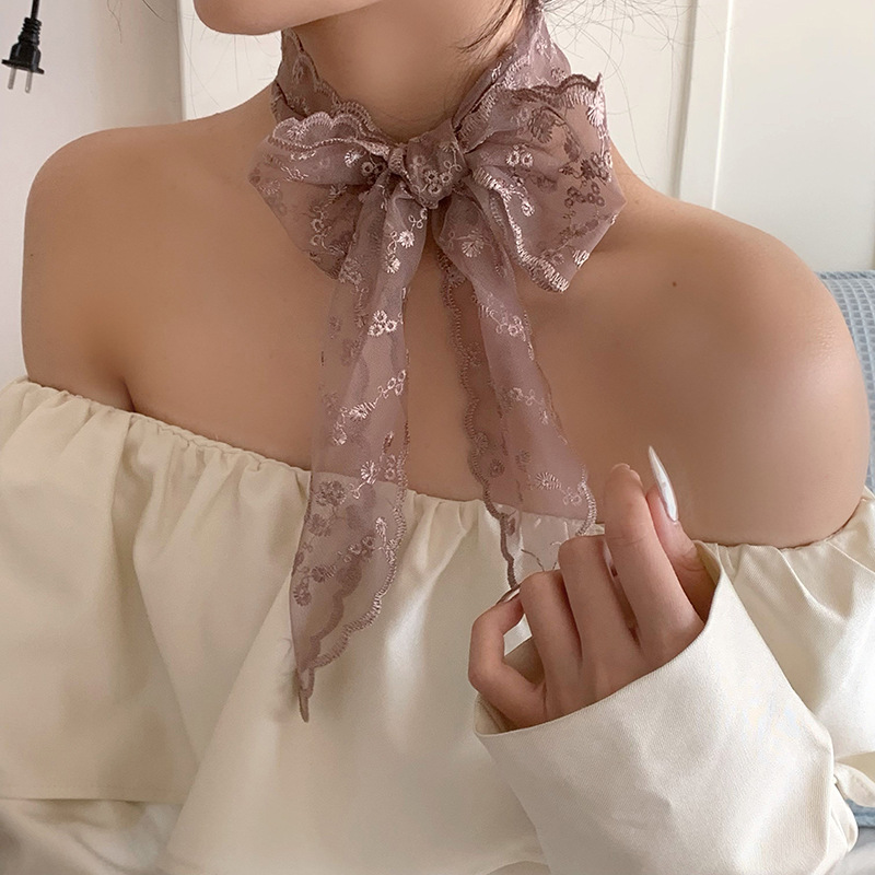 Buñuelo de seda larga larga alta sensación de encaje hottie fugas bufandas de hombro bufandas de collar bufandas de cabello bandana bufandas de encaje cintura