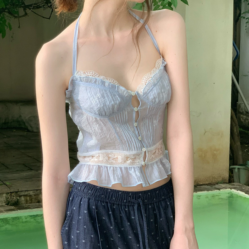 Carie"Sea Salt Soft Yarn" Tencel Spliced Lace Trim Gentle and Pure Desire Camisole/Cross Embroidery Slimming Pants